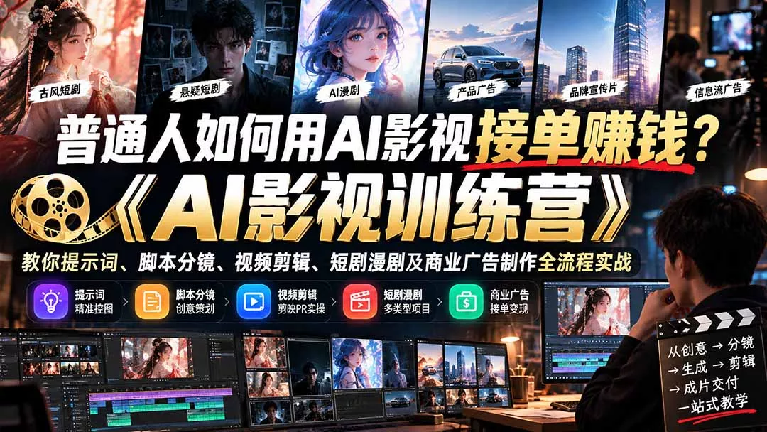 普通人如何用AI影视接单赚钱？《AI影视训练营》教你提示词、脚本分镜、视频剪辑、短剧漫剧及商业广告制作全流程实战 《鱼见海科技》-鱼见海资源网-免费PHP网站源码模板,插件软件网创AI智能体资源分享平台！