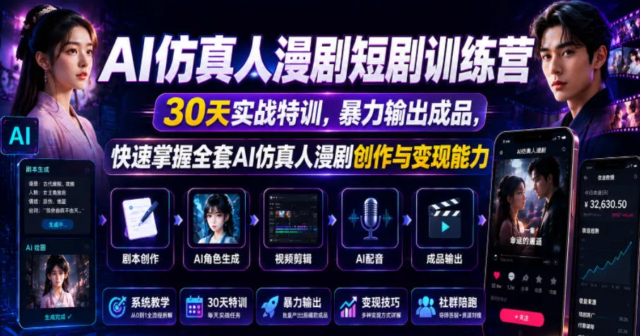 AI仿真人漫剧短剧训练营，30天实战特训，暴力输出成品，快速掌握全套AI仿真人漫剧创作与变现能力客创社区-专注互联网轻资产资源整合与分享客创社区-专注互联网轻资产资源整合与分享