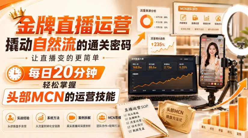 金牌直播运营撬动自然流的通关密码，让直播变的更简单，每日20分钟，轻松掌握头部MCN的运营技能客创社区-专注互联网轻资产资源整合与分享客创社区-专注互联网轻资产资源整合与分享