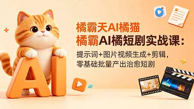 橘霸天AI橘猫短剧实战课：提示词+图片视频生成+剪辑，零基础批量产出改善短剧 《鱼见海科技》-鱼见海资源网-免费PHP网站源码模板,插件软件网创AI智能体资源分享平台！
