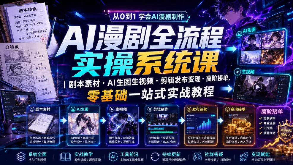 AI漫剧全流程实操系统课|剧本素材・AI生图生视频・剪辑发布变现・高阶接单,零基础一站式实战教程主用 -、辅助 +中赚AI网