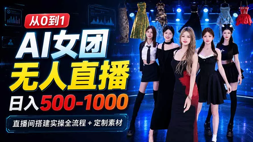 AI 女团无人直播，躺入500-1000每天，直播间搭建实操全流程+定制素材星享资源网星享资源网