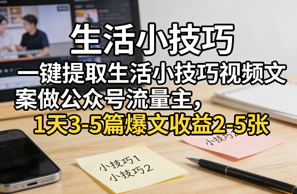 一键提取生活小技巧视频文案做公众号流量主，1天3-5篇爆文收益2-5张-云动网创-专注网络创业项目推广与实战，致力于打造一个高质量的网络创业搞钱圈子。