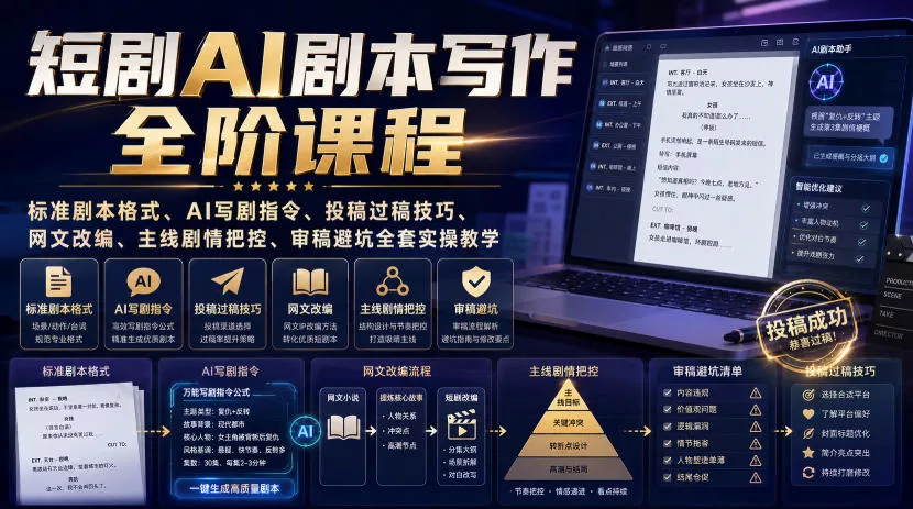 短剧AI剧本写作全阶课程｜标准剧本格式、AI写剧指令、投稿过稿技巧、网文改编、主线剧情把控、审稿避坑全套实操教学 《鱼见海科技》-鱼见海资源网-免费PHP网站源码模板,插件软件网创AI智能体资源分享平台！