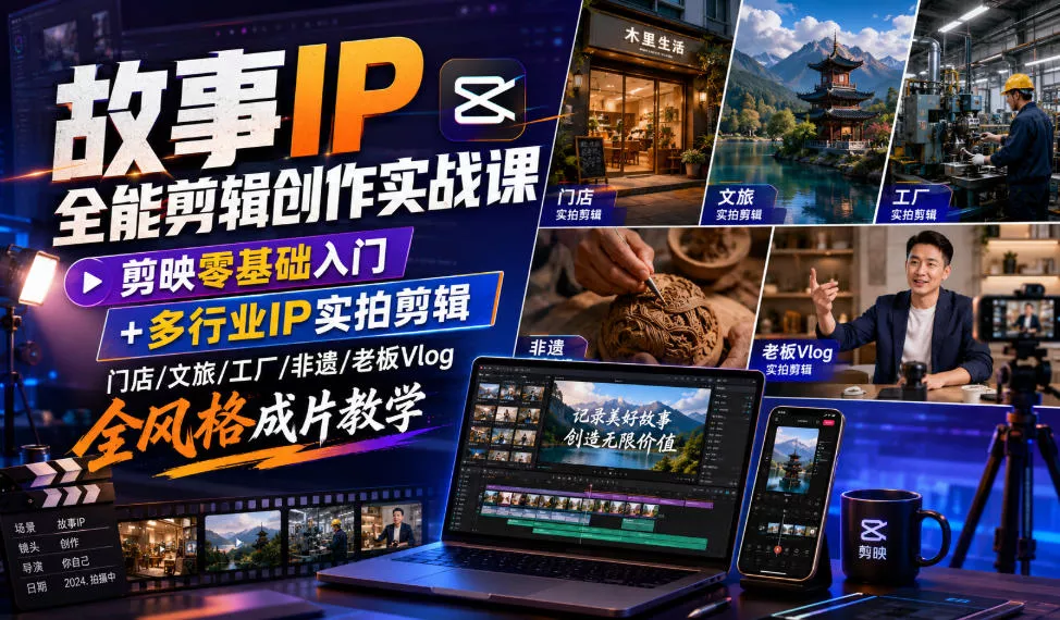 故事IP全能剪辑创作实战课｜剪映零基础入门+多行业IP实拍剪辑，门店/文旅/工厂/非遗/老板Vlog全风格成片教学 《鱼见海科技》-鱼见海资源网-免费PHP网站源码模板,插件软件网创AI智能体资源分享平台！