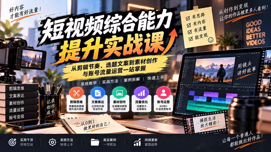 短视频综合能力提升实战课：从剪辑节奏、选题文案到素材创作与账号流量运营一站掌握-鱼见海资源网-免费PHP网站源码模板,插件软件网创AI智能体资源分享平台！