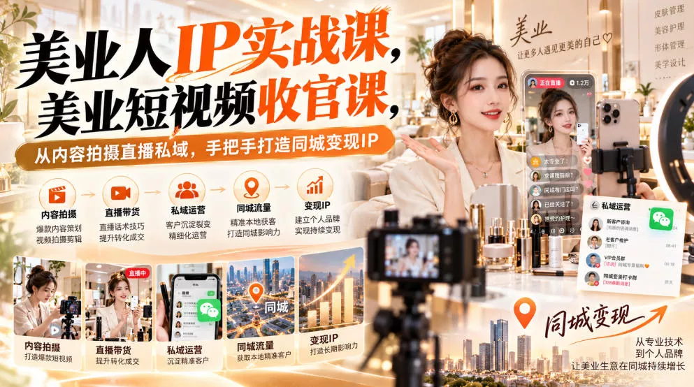 【无水印】美业人IP实战课，美业短视频收官课，从内容拍摄直播私域，手把手打造同城变现IP 《鱼见海科技》-鱼见海资源网-免费PHP网站源码模板,插件软件网创AI智能体资源分享平台！