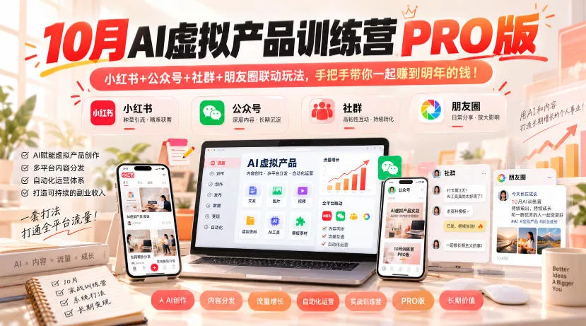 10月AI虚拟产品训练营PRO版，小红书+公众号+社群+朋友圈联动玩法，手把手带你一起赚到明年的钱！主用 -、辅助 +中赚AI网
