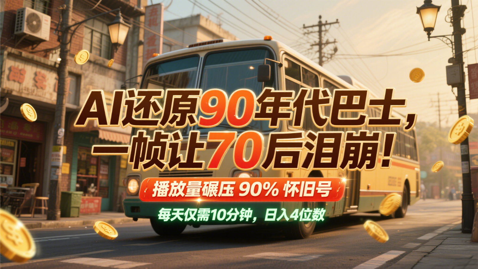 AI还原90年代巴士，一帧让70后泪崩！播放量碾压90%怀旧号，每天10分钟，日入4位数-客创社 - 专注互联网轻资产创业及网络项目资源整合与分享客创社-免费且强大的项目分享网站！