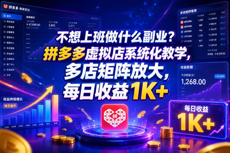 不想上班做什么副业？拼多多虚拟店系统化教学，多店矩阵放大，每日收益1K+【揭秘】客创社区-专注互联网轻资产资源整合与分享客创社区-专注互联网轻资产资源整合与分享