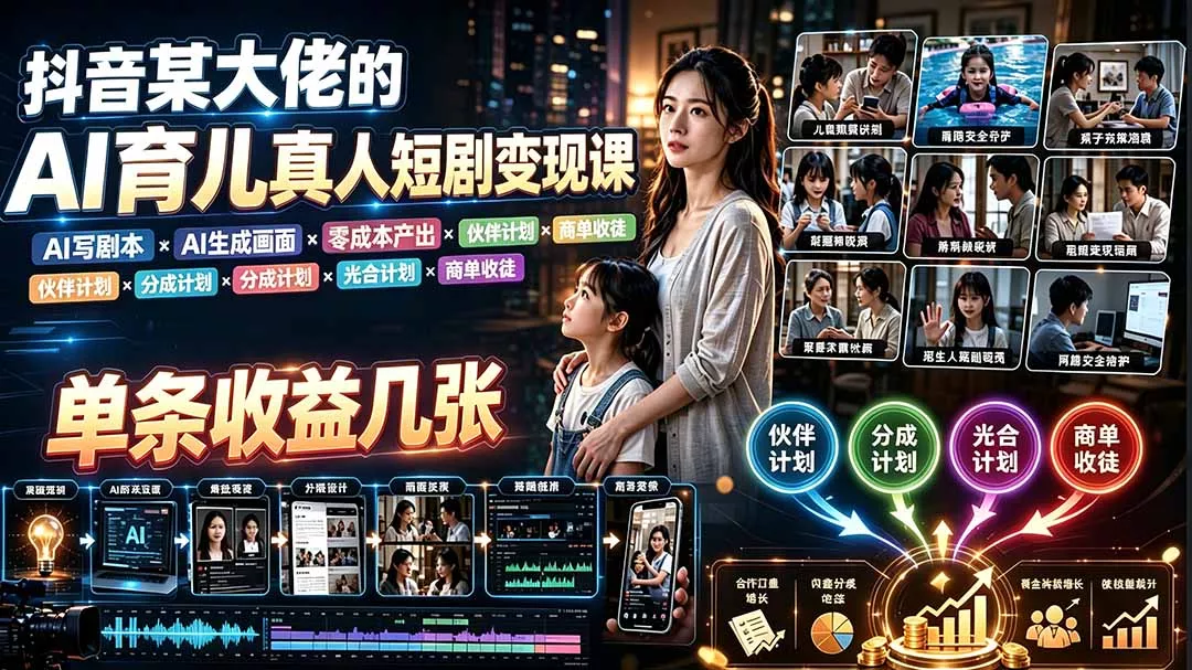 AI育儿真人短剧变现课：AI写剧本×AI生成画面×零成本产出×伙伴计划×分成计划×光合计划×商单收徒客创社区-专注互联网轻资产资源整合与分享客创社区-专注互联网轻资产资源整合与分享