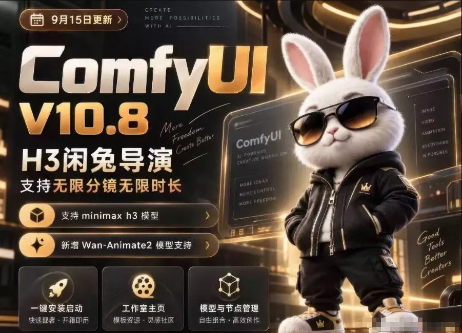 ComfyUI V10.8中文整合包，H3闲兔导演，支持无限分镜无限时长，1000+工作流，动作迁移，角色替换，视频一致性，口型同步，低显存可用-鱼见海资源网-免费PHP网站源码模板,插件软件网创AI智能体资源分享平台！