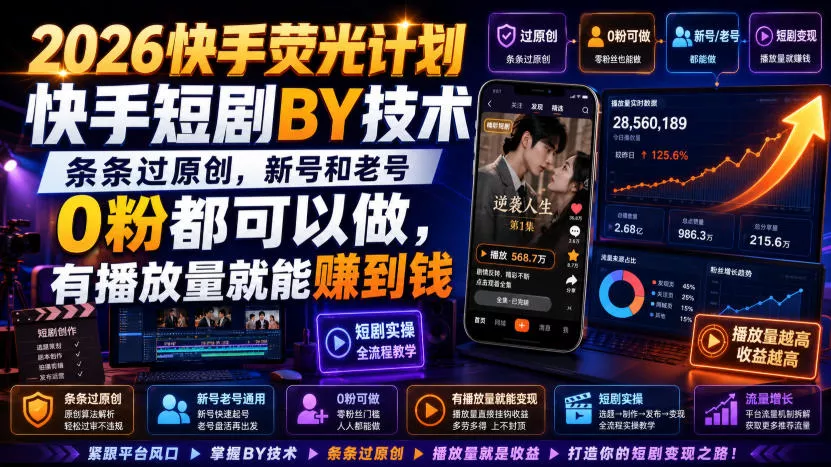 2026快手荧光计划，快手短剧搬运技术，条条过原创，新号和老号0粉都可以做，有播放量就能賺到钱-鱼见海资源网-免费PHP网站源码模板,插件软件网创AI智能体资源分享平台！