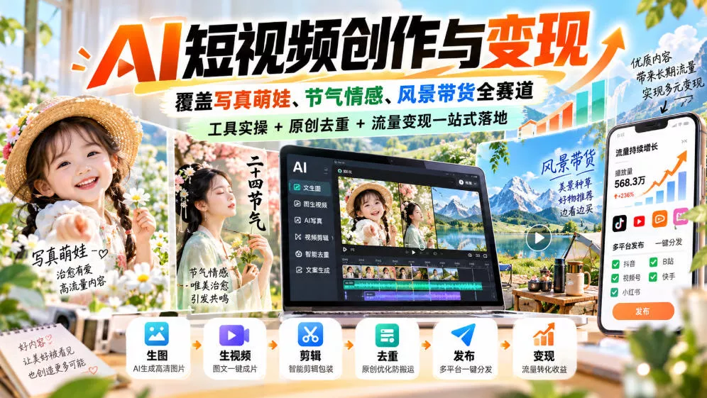AI短视频创作与变现，覆盖写真萌娃、节气情感、风景带货全赛道，工具实操+原创去重+流量变现一站式落地 《鱼见海科技》-鱼见海资源网-免费PHP网站源码模板,插件软件网创AI智能体资源分享平台！