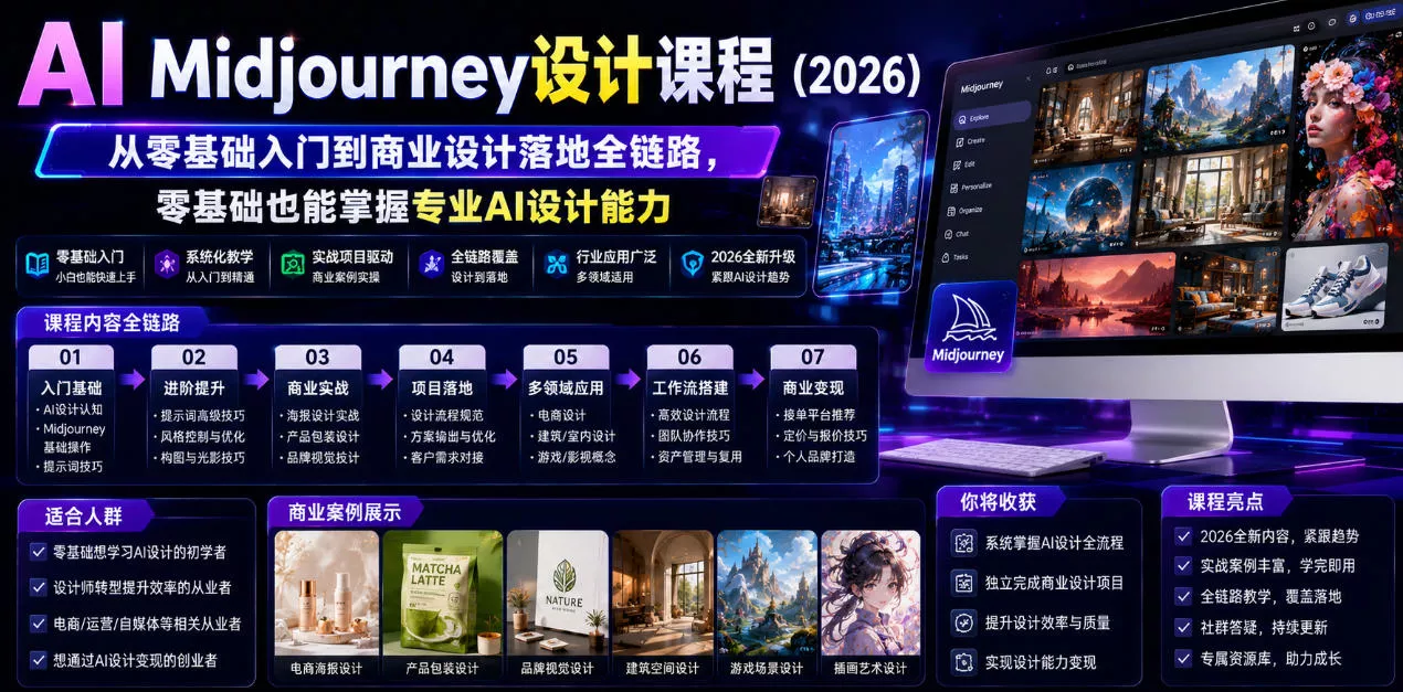 AI Midjourney设计课程(2026)，从零基础入门到商业设计落地全链路，零基础也能掌握专业AI设计能力(更新1007) 《鱼见海科技》-鱼见海资源网-免费PHP网站源码模板,插件软件网创AI智能体资源分享平台！