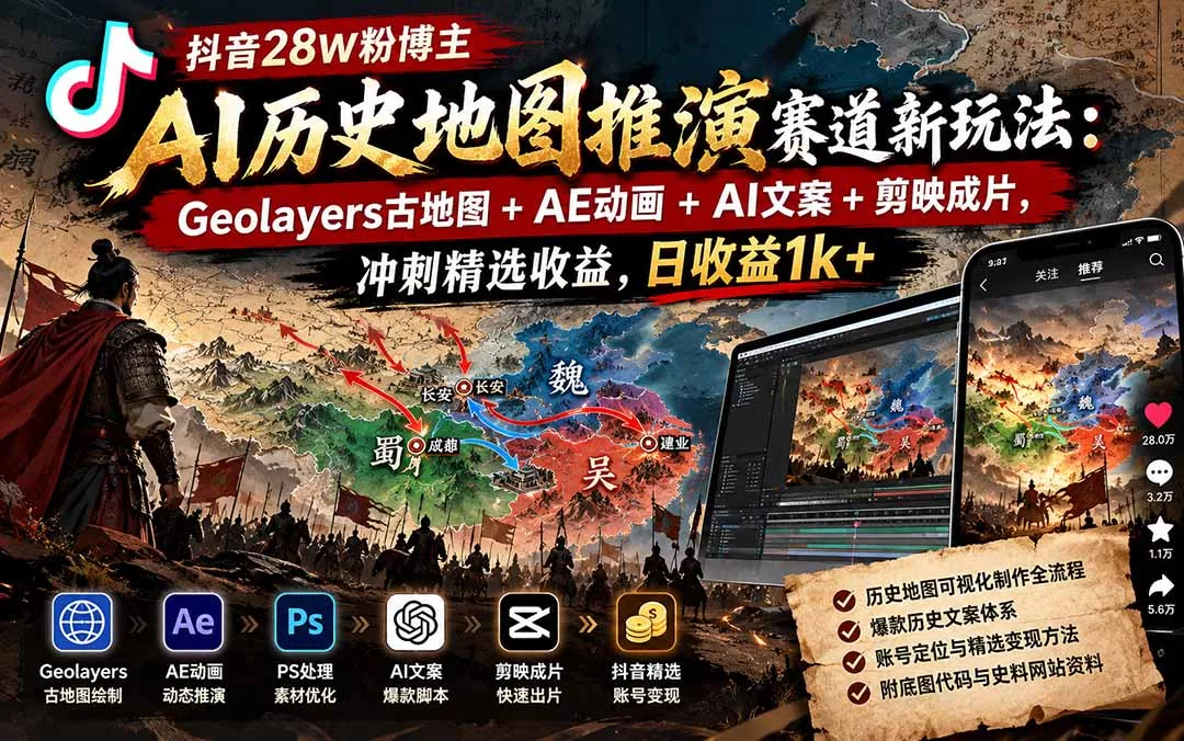 抖音28W粉博主AI历史地图推演赛道新玩法：Geolayers古地图+AE动画+AI文案+剪映成片，冲刺精选收益，日收益1k+客创社区-专注互联网轻资产资源整合与分享客创社区-专注互联网轻资产资源整合与分享