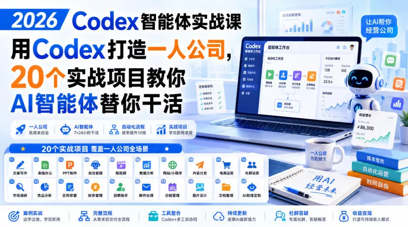 2026 Codex智能体实战课，用Codex打造一人公司，20个实战项目教你AI智能体替你干活 《鱼见海科技》-鱼见海资源网-免费PHP网站源码模板,插件软件网创AI智能体资源分享平台！