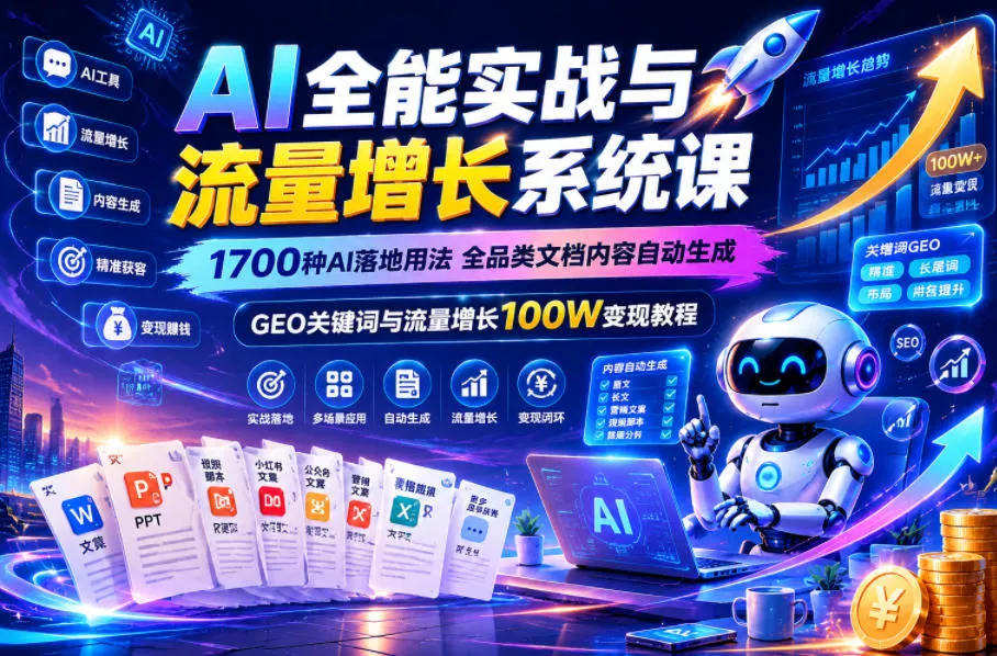 AI全能实战与流量增长系统课，1700种AI落地用法，全品类文档内容自动生成，GEO关键词与流量增长100W变现教程客创社区-专注互联网轻资产资源整合与分享客创社区-专注互联网轻资产资源整合与分享