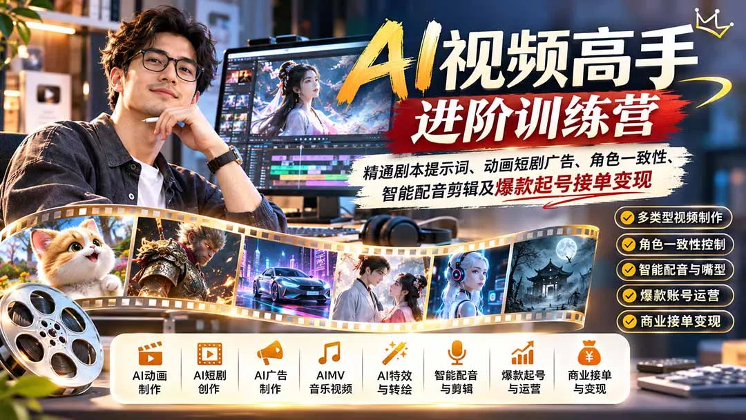 AI视频高手进阶训练营：精通剧本提示词、动画短剧广告、角色一致性、智能配音剪辑及爆款起号接单变现客创社区-专注互联网轻资产资源整合与分享客创社区-专注互联网轻资产资源整合与分享