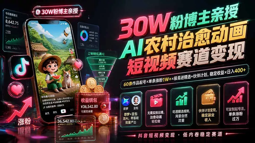 30W粉博主亲授AI农村改善动画短视频赛道变现：60条作品起号×单条涨粉1W+×极易进精选+伙伴计划，稳定收益×日入400+ 《鱼见海科技》-鱼见海资源网-免费PHP网站源码模板,插件软件网创AI智能体资源分享平台！