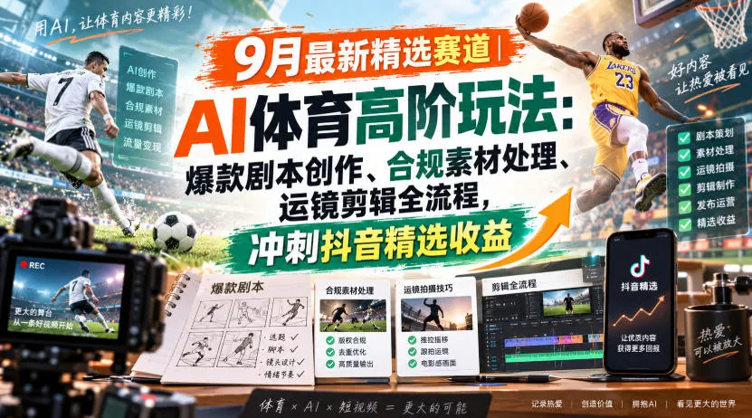 某大佬的9月最新精选赛道之AI体育高配玩法，爆款剧本创作、版权规避、运镜剪辑全流程，稳拿抖音精选收益 《鱼见海科技》-鱼见海资源网-免费PHP网站源码模板,插件软件网创AI智能体资源分享平台！