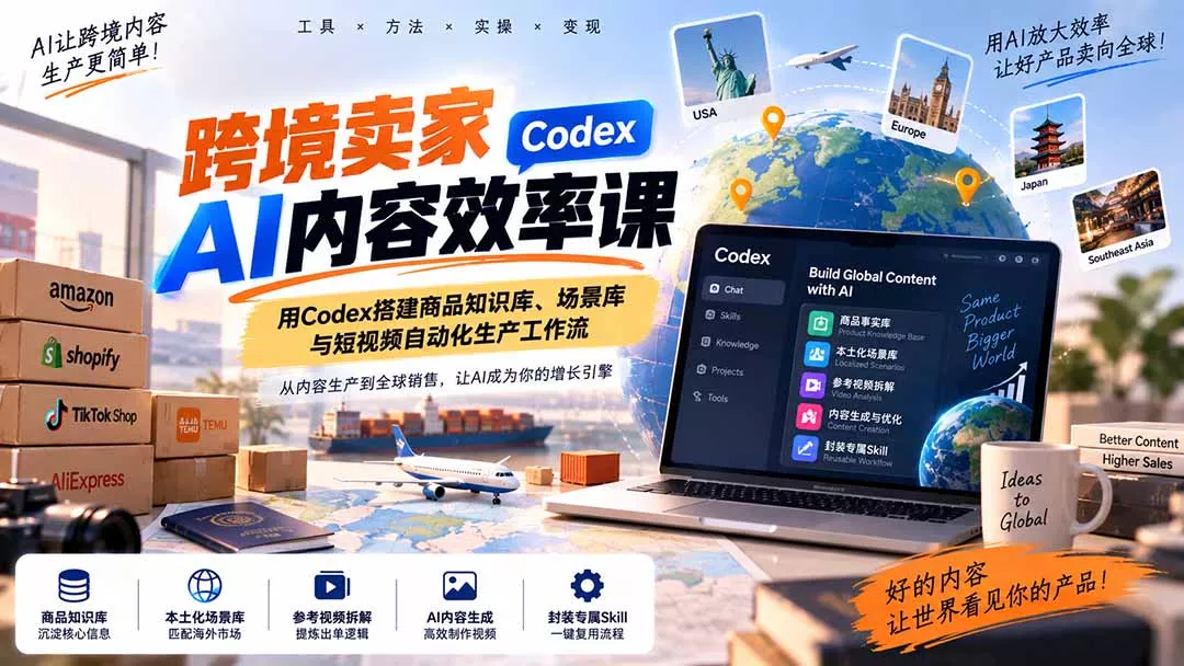 跨境卖家AI内容效率课：用Codex搭建商品知识库、场景库与短视频自动化生产工作流-鱼见海资源网-免费PHP网站源码模板,插件软件网创AI智能体资源分享平台！