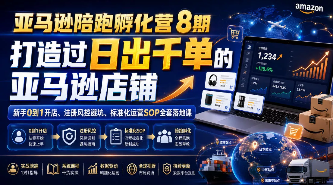 亚马逊陪跑孵化营8期，打造过日出千单的亚马逊店铺，新手0到1开店、注册风控避坑、标准化运营SOP全套落地课星享资源网星享资源网