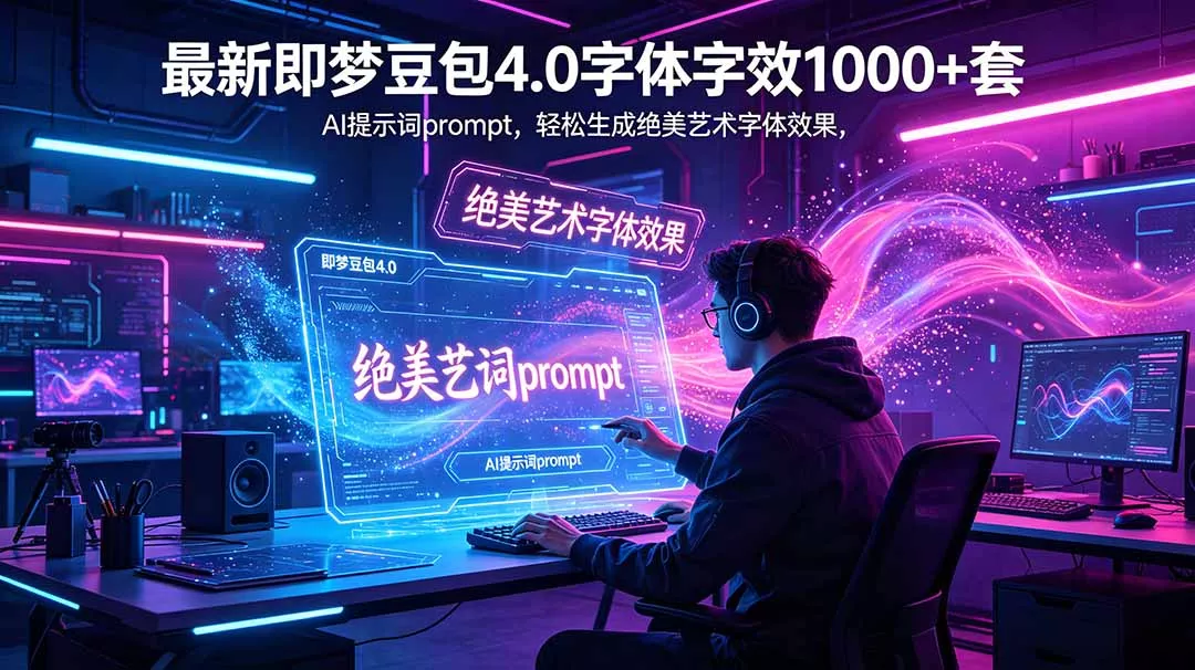 最新即梦豆包4.0字体字效1000+套，AI提示词prompt，轻松生成绝美艺术字体效果主用 -、辅助 +中赚AI网