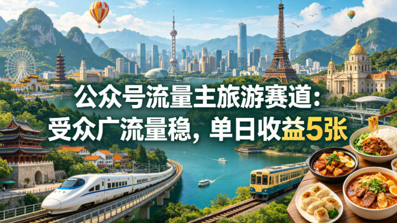 公众号流量主之旅游赛道，受众广+流量稳，平均单日收益5张+客创社区-专注互联网轻资产资源整合与分享客创社区-专注互联网轻资产资源整合与分享