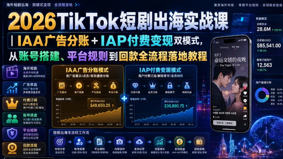 2026TikTok短剧出海实战课｜IAA广告分账+IAP付费变现双模式，从账号搭建、平台规则到回款全流程落地教程 《鱼见海科技》-鱼见海资源网-免费PHP网站源码模板,插件软件网创AI智能体资源分享平台！
