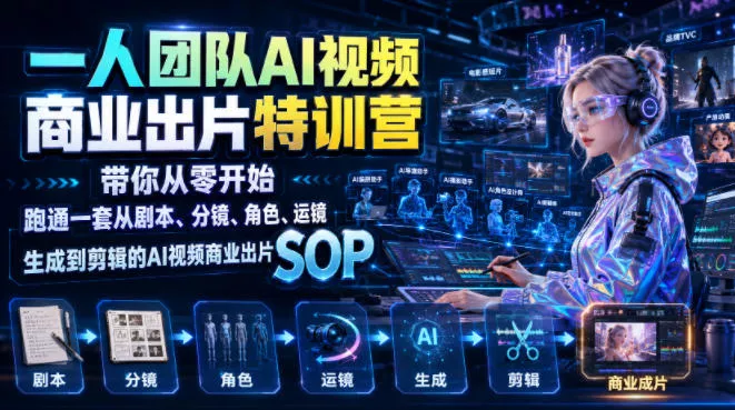 一人团队AI视频商业出片实战课：带你从零开始跑通一套从剧本、分镜、角色、运镜、生成到剪辑的AI视频商业出片SOP 《鱼见海科技》-鱼见海资源网-免费PHP网站源码模板,插件软件网创AI智能体资源分享平台！