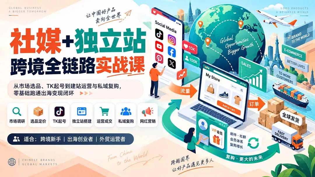 社媒+独立站跨境全链路实战课：从市场选品、TK起号到建站运营与私域复购，零基础跑通出海变现闭环客创社区-专注互联网轻资产资源整合与分享客创社区-专注互联网轻资产资源整合与分享