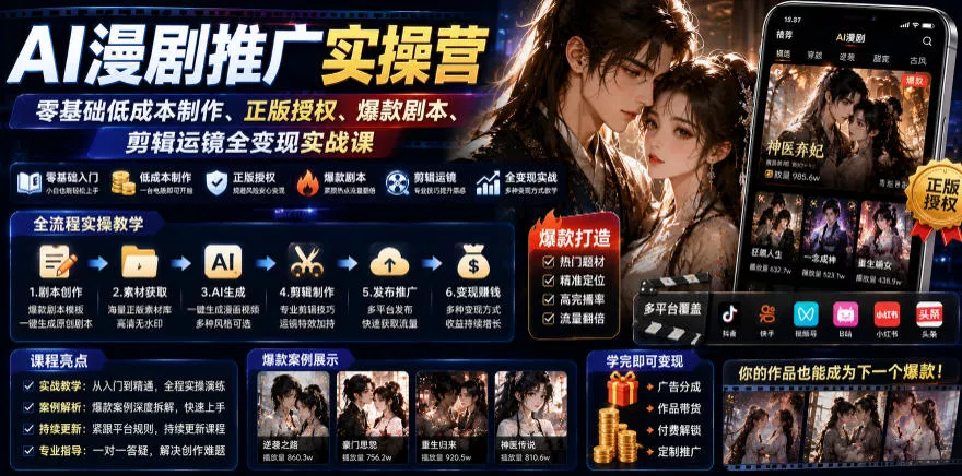 AI漫剧推广实操营｜零基础低成本制作、正版授权、爆款剧本、剪辑运镜全变现实战课-鱼见海资源网-免费PHP网站源码模板,插件软件网创AI智能体资源分享平台！