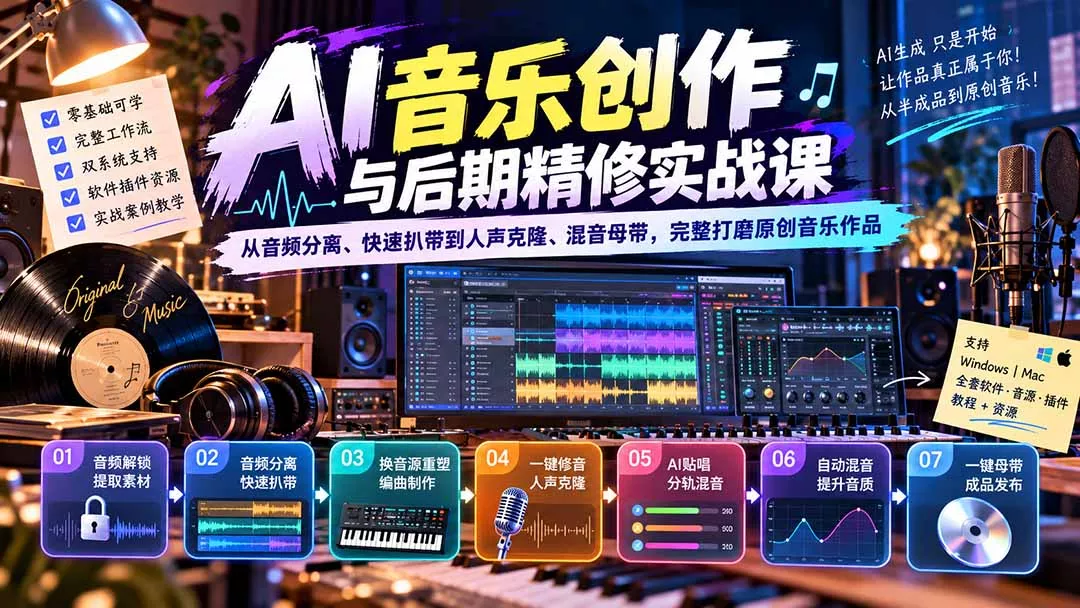 AI音乐创作与后期精修实战课：从音频分离、快速扒带到人声克隆、混