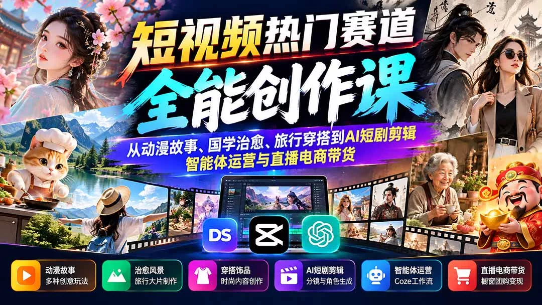 短视频热门赛道全能创作课：从动漫故事、国学改善、旅行穿搭到AI短