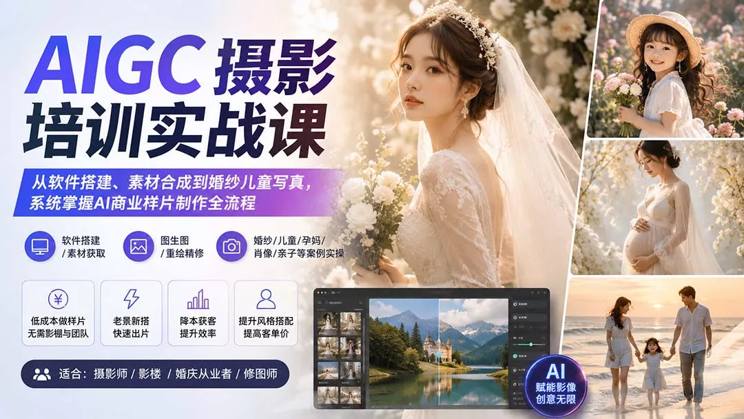AIGC摄影培训实战课：从软件搭建、素材合成到婚纱儿童写真，系统掌握AI商业样片制作全流程客创社区-专注互联网轻资产资源整合与分享客创社区-专注互联网轻资产资源整合与分享