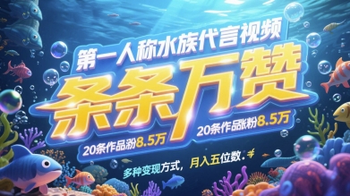 第一人称水族代言视频，条条万赞，20条作品涨粉7.8W，多种变现方式月入五位数客创社 - 专注互联网轻资产创业及网络项目资源整合与分享客创社 - 专注互联网轻资产创业及网络项目资源整合与分享